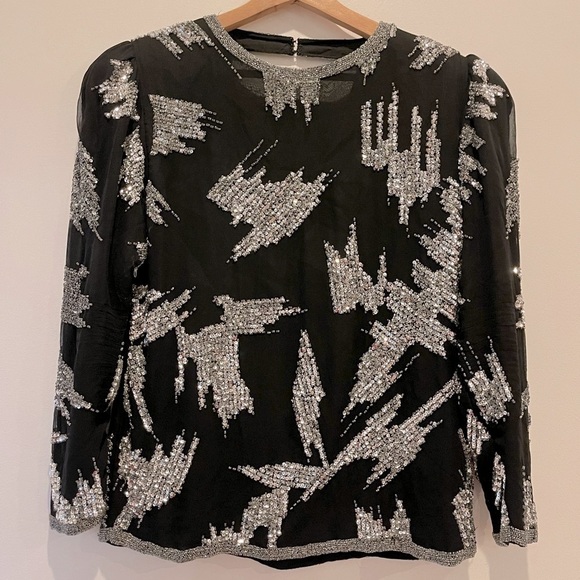 Vintage Oleg Cassini black and silver beaded sequin evening top 80s 90s size S - Picture 1 of 9